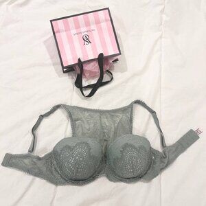 Victoria's Secret Dream Angels High-Neck Lace demi bra in a grey/green color